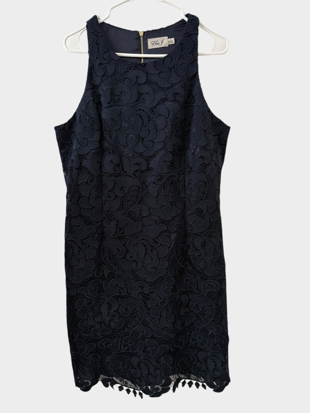 Eliza J Size 14 Navy Blue Lace Sleeveless Sheath Cocktail Dress